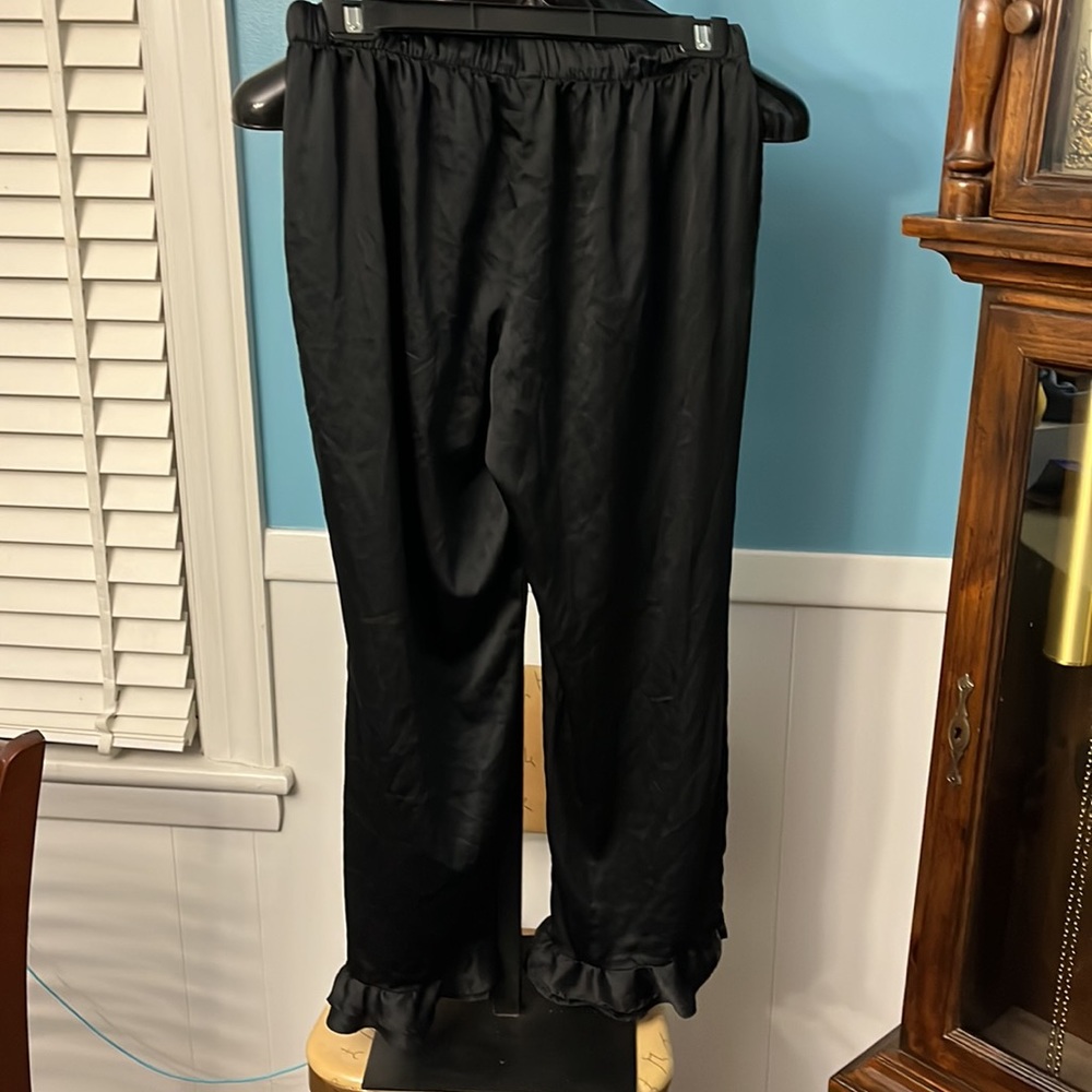 Victoria Secret Black Satin Wide Leg Pull-On Pajama Pants ruffle bottom, tie - Picture 2 of 5